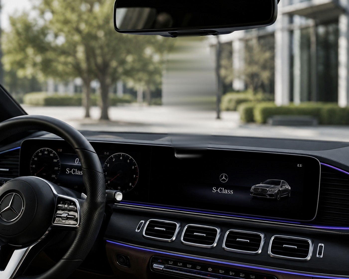 Luxury car interior with a LUX DRIVE diffuser hanging from the rear-view mirror